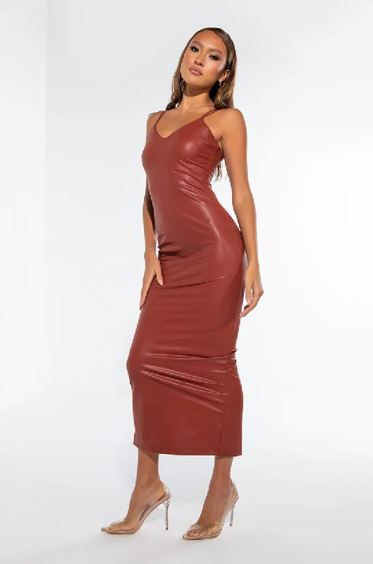 Spandex Dresses for Flexible -PREMIUM STRETCH VEGAN LEATHER MIDI DRESS rust