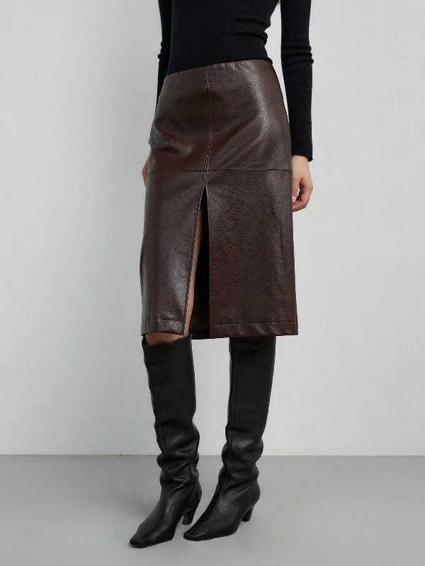 Designer skirts with premium fabric finish -Faux Leather Midi Trendy Waist Split Midi Skirt