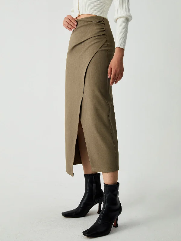 Durable denim skirts for rugged daily wear -Maple Wrap Graceful Slit Midi Skirt