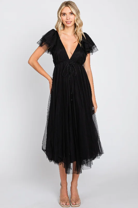 Black Dresses for Versatile -Black Tulle V-Neck Flutter Sleeve Midi Dress