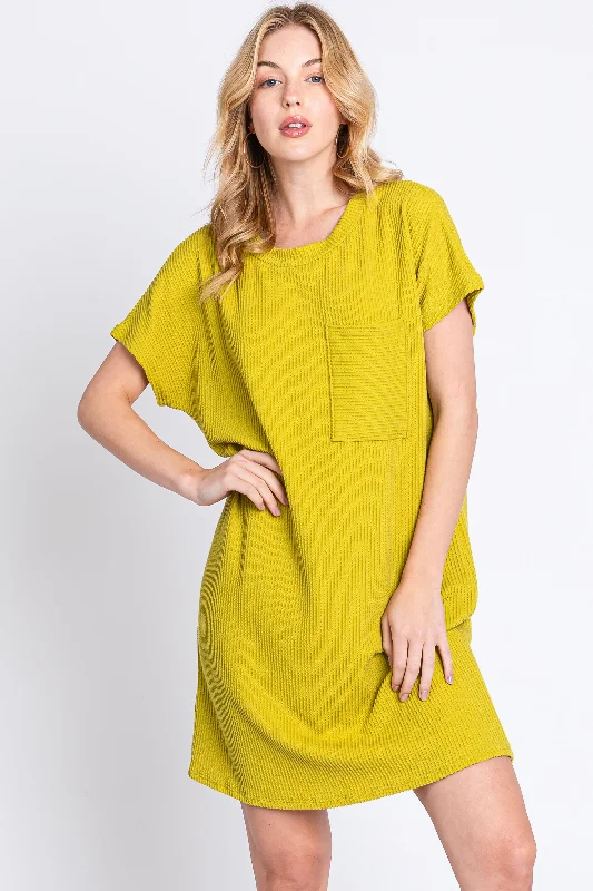 Gray Dresses for Subtle -Lime Ribbed Front Pocket Dolman Short Sleeve Dress