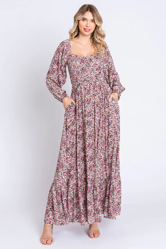 Evening Dresses for Formal Events -Mauve Floral Long Sleeve Maxi Dress