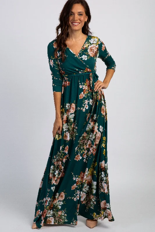 Beach Dresses for Coastal -PinkBlush Green Rose Print Sash Tie Maxi Dress