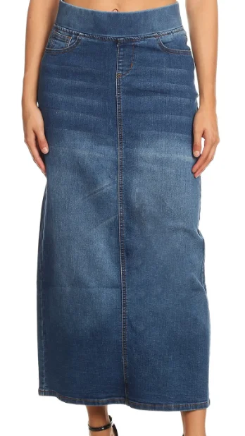 Lightweight linen skirts for breathable wear -Stretch Denim Straight Long Skirt Elastic Waistband