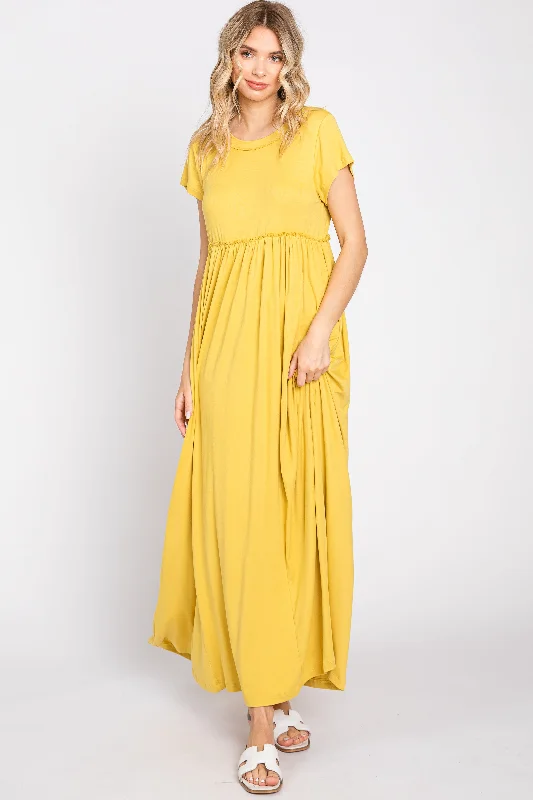 Green Dresses for Nature -Yellow Short Sleeve Pocketed Maxi Dress