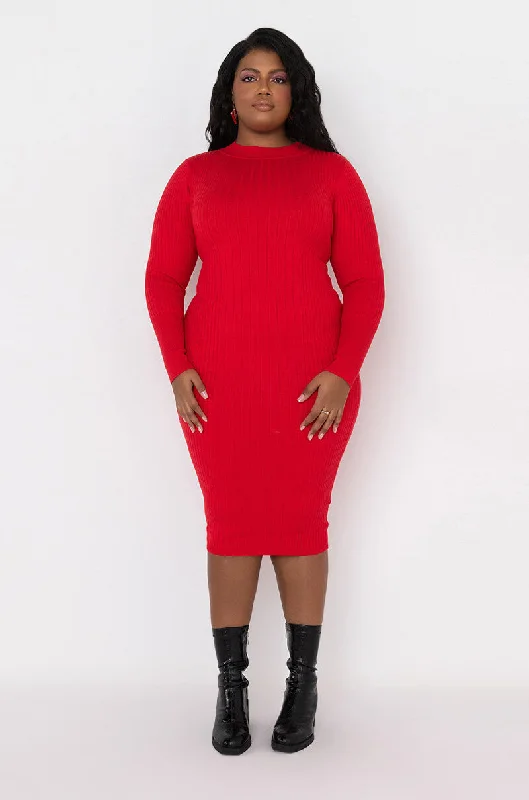 Tiered Dresses for Voluminous -PLUS MEGAN SWEATER RIBBED OPEN BACK MIDI DRESS RED