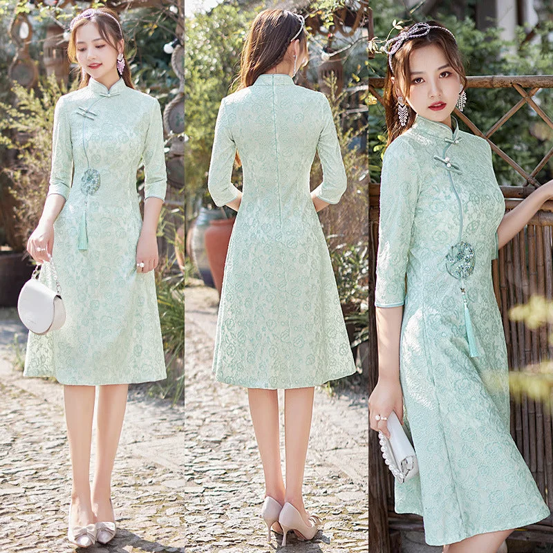 Sequined Dresses for Sparkle -A+ Winter Clothes Seven Point Sleeve Improved A-hem Chinese Style Dress