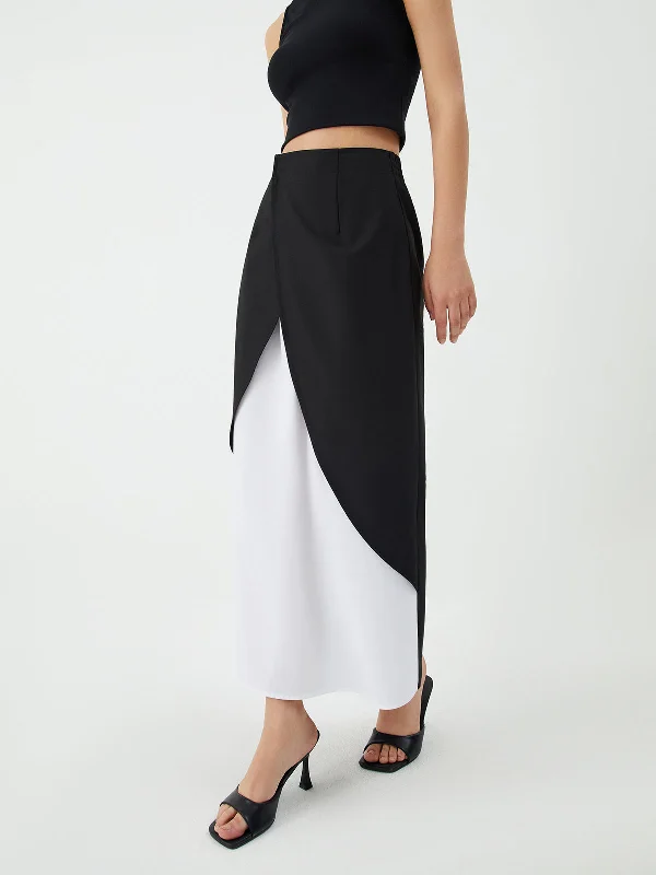 Trendy skirts with asymmetrical hem lines -Patchwork Split Graceful Maxi Skirt