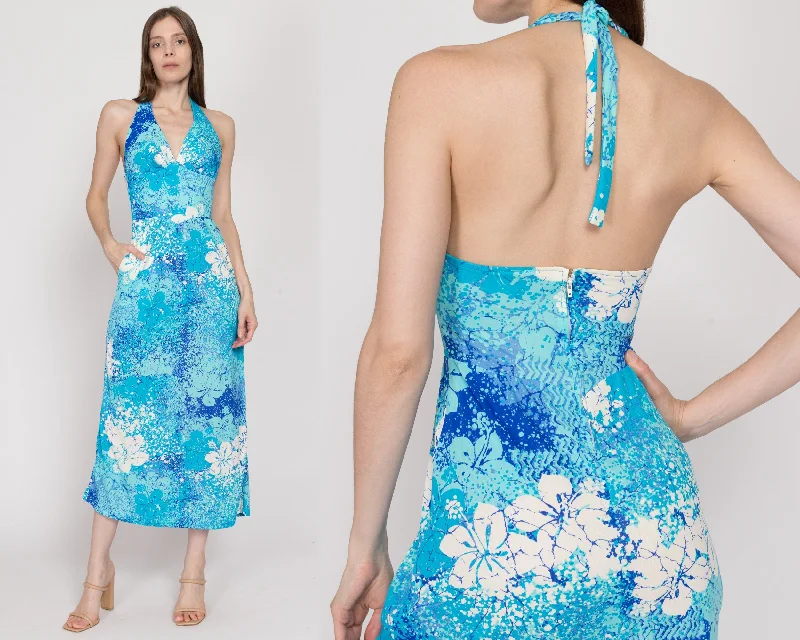 Short-sleeved Dresses for Summer -XS 70s Catalina Blue Floral Maxi Halter Swim Sundress