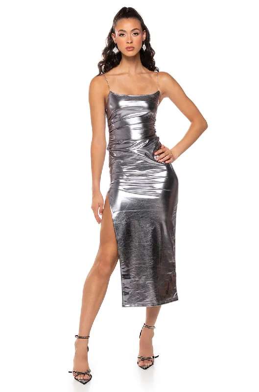 Belted Dresses for Shaping -CLUB SEATS METALLIC MIDI DRESS