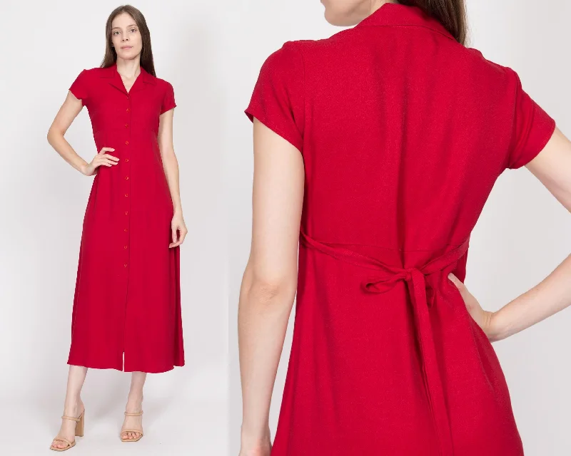 Christmas Dresses for Holiday -Small 90s Red Maxi Shirtdress