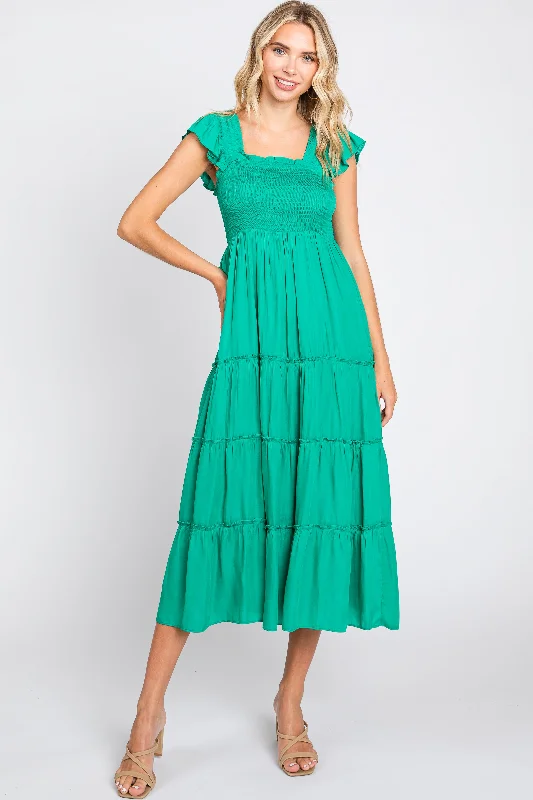 Floral Dresses for Romantic -Green Satin Square Ruffle Neck Smocked Sleeveless Midi Dress