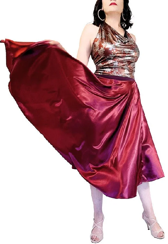 Durable skirts with reinforced seam strength -burgundy satin full circle skirt with slits