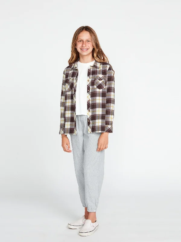 Round Shaped Shorts for Cute -Girls Getting Rad Plaid Long Sleeve Flannel - Espresso