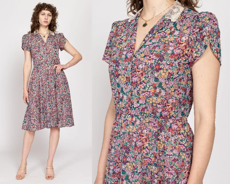 Printed Dresses with Patterns -Medium 70s Does 30s Purple Floral Midi Shirtdress