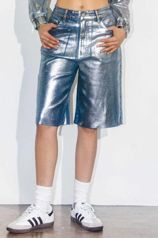 Geometric Shorts for Modern -Silver Foil Printed Bermuda Shorts