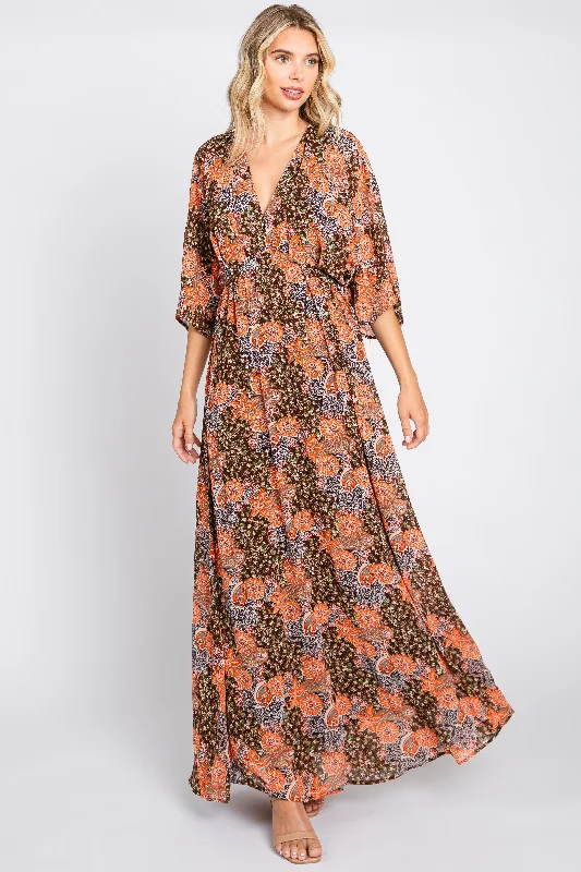 Faux Leather Dresses for Affordable -Brown Floral Paisley Chiffon Maxi Dress