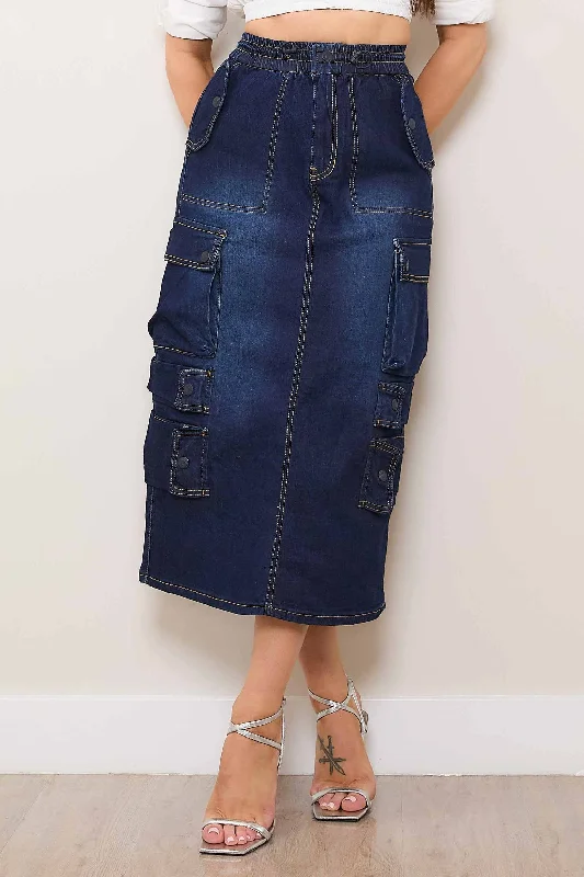 Low-Waisted Skirts for Relaxed -Multi Cargo Pocket Midi Denim Skirt