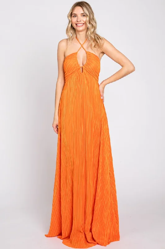 Blue Dresses for Classic -Orange Plisse Halter Back Tie Maxi Dress