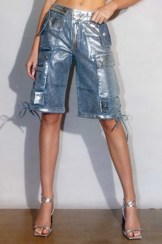 Buttoned Shorts for Stylish -Silver Metallic Cargo Jorts