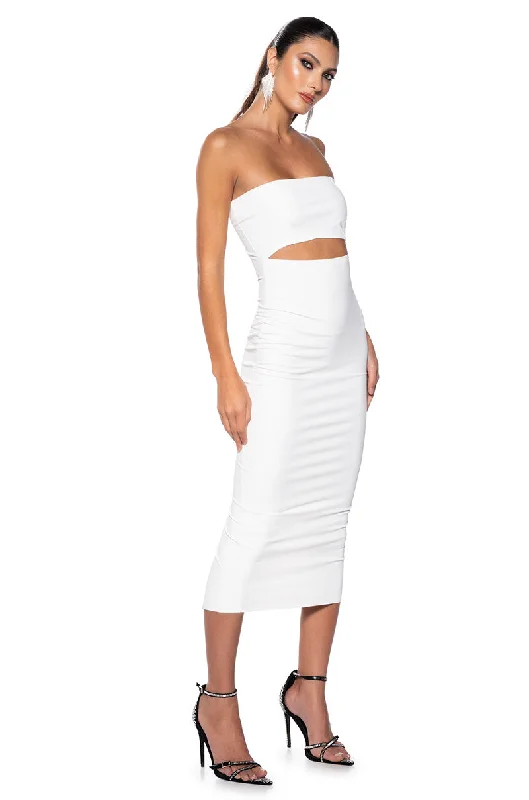 Animal Print Dresses for Fun -PRETTY LADY PLEATHER CUT OUT MIDI DRESS WITH 4 WAY STRETCH IN WHITE