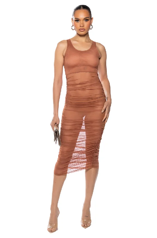 Brown Dresses for Earthy -ECHO MESH RUCHED SLEEVELESS MIDI DRESS